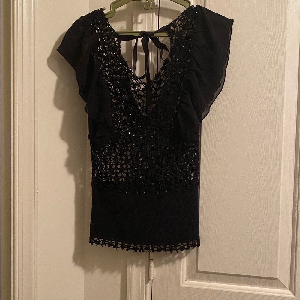 Moda International Black Ruffled Crochet Blouse